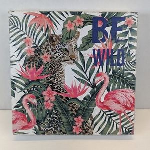 Be Wild Wood Wall Art w/ Flamingos, Jaguar, Pink Flowers & Tropical Leafy Plants